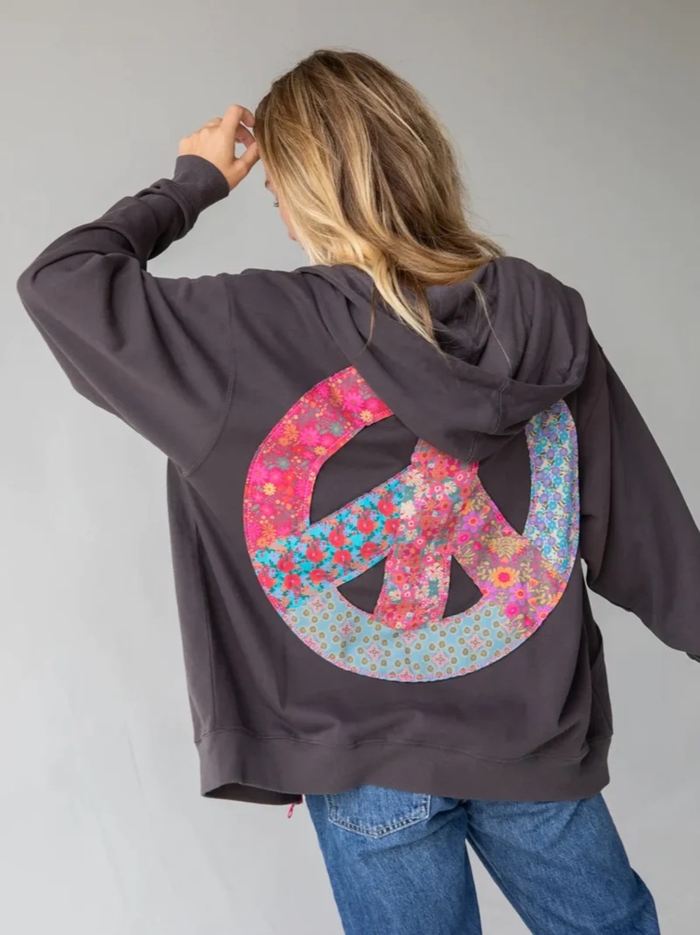 NATURAL LIFE Charcoal Hoodie with Multicolor Patchwork Floral Peace Sign